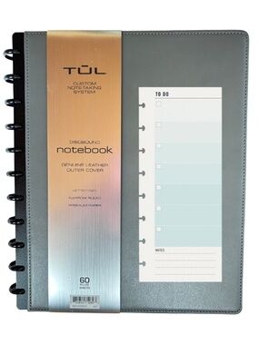 NEW TUL Discbound Notebook With Gray Leather Cover, Quality 60 Ruled Sheets